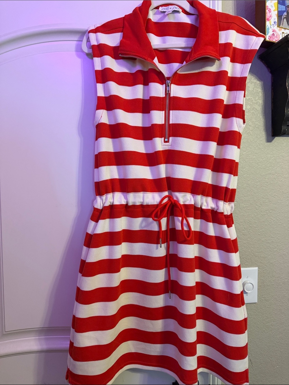 She + Sky Red and White Striped Zip-Front Drawstring Dress